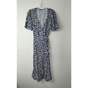 Reformation Augustina Midi Wrap Dress Medium Blue Deep V Side Slit Pebble Dot